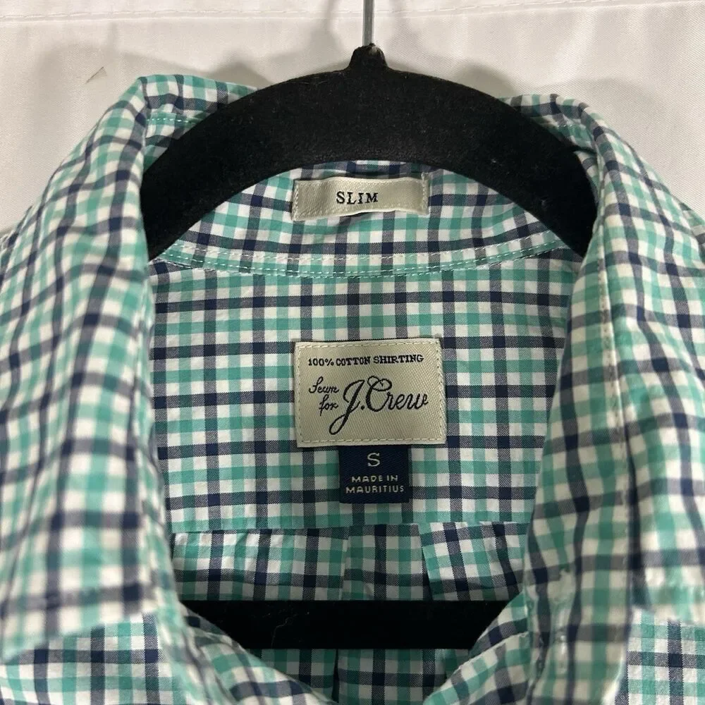 J. Crew Dress Shirt Men's Small Green Plaid 100% Cotton Shirting Slim Fit Long S